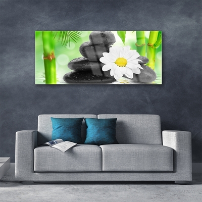 Tableaux sur verre Bambou pierres fleurs art vert blanc noir