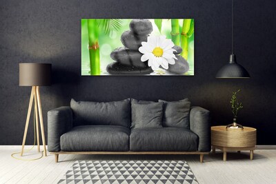 Tableaux sur verre Bambou pierres fleurs art vert blanc noir