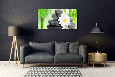 Tableaux sur verre Bambou pierres fleurs art vert blanc noir