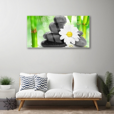 Tableaux sur verre Bambou pierres fleurs art vert blanc noir