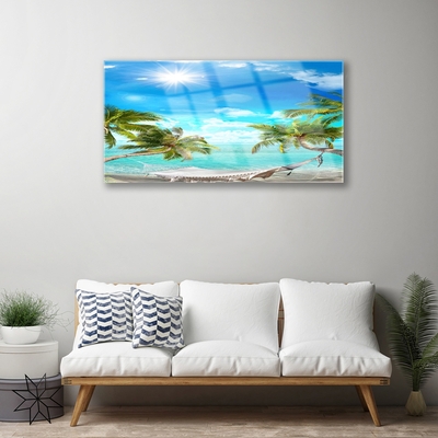 Tableaux sur verre Palmiers hamac paysage blanc bleu brun blanc