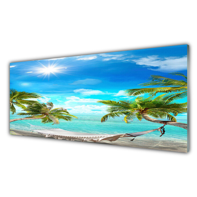 Tableaux sur verre Palmiers hamac paysage blanc bleu brun blanc