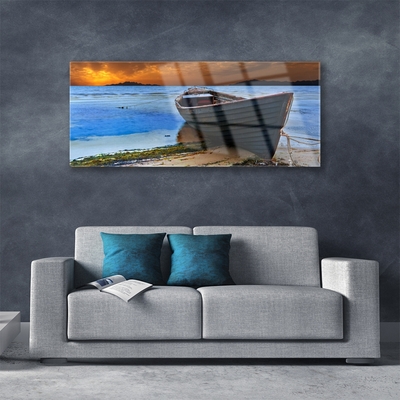 Tableaux sur verre Mer bateau plage paysage vert brun gris bleu