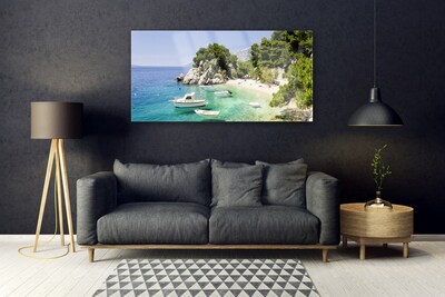 Tableaux sur verre Mer rochers plage bateau paysage bleu blanc vert gris