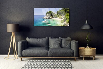 Tableaux sur verre Mer rochers plage bateau paysage bleu blanc vert gris