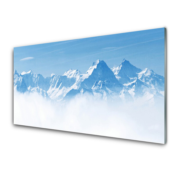Tableaux sur verre Brouillard montagne paysage bleu blanc