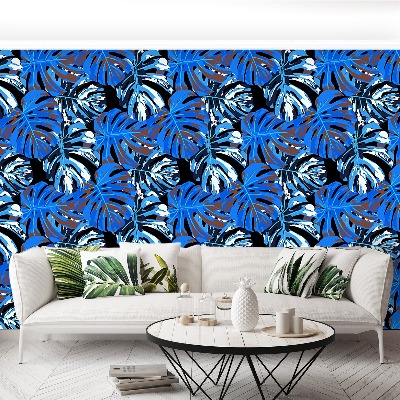 Papier peint decoratif Feuilles bleues