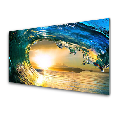 Tableaux sur verre acrylique Vague mer coucher du soleil nature bleu jaune