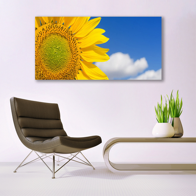 Tableaux sur verre acrylique Tournesol nuages floral jaune or bleu