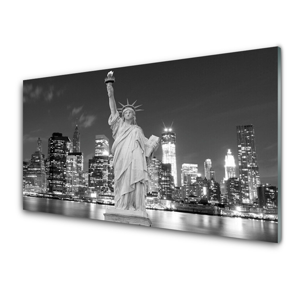 Tableaux sur verre acrylique Statue de la liberté new york bâtiments gris