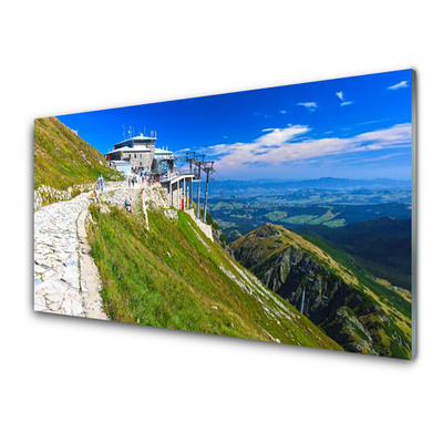 Tableaux sur verre acrylique Montagnes chemin paysage bleu vert blanc