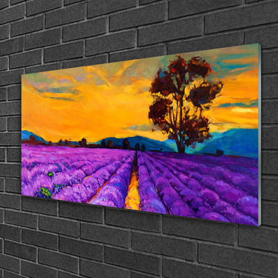 Tableaux sur verre acrylique Champ paysage violet jaune brun