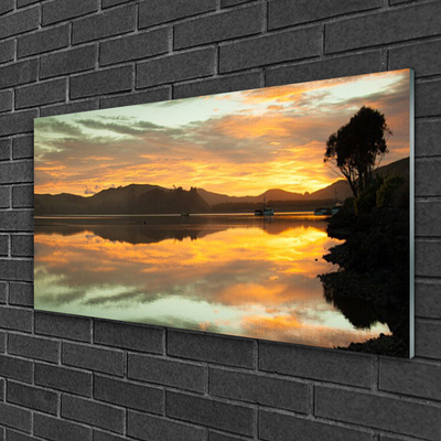 Tableaux sur verre acrylique Eau montagnes paysage noir orange brun