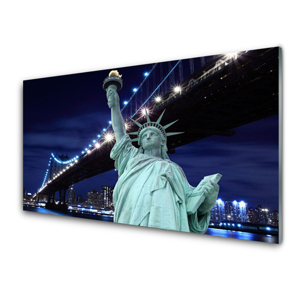 Tableaux sur verre acrylique Pont statue de la liberté architecture gris noir bleu
