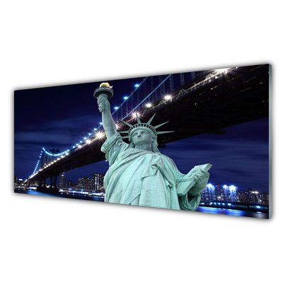 Tableaux sur verre acrylique Pont statue de la liberté architecture gris noir bleu