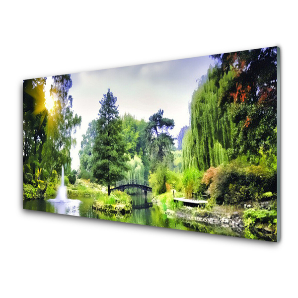 Tableaux sur verre acrylique Forêt chute d'eau soleil nature vert jaune blanc