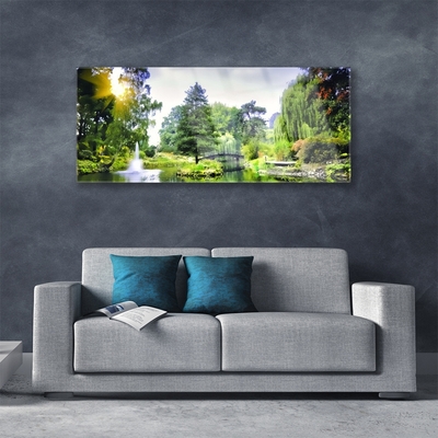 Tableaux sur verre acrylique Forêt chute d'eau soleil nature vert jaune blanc