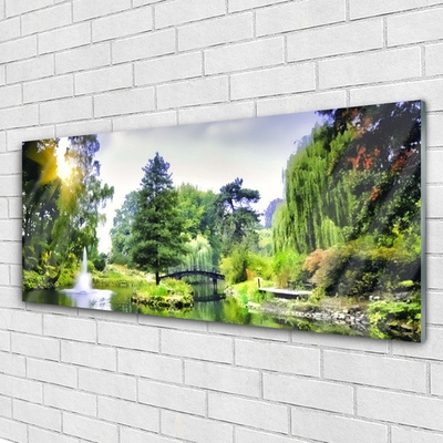 Tableaux sur verre acrylique Forêt chute d'eau soleil nature vert jaune blanc