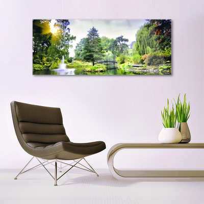 Tableaux sur verre acrylique Forêt chute d'eau soleil nature vert jaune blanc