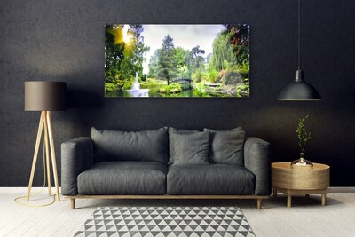 Tableaux sur verre acrylique Forêt chute d'eau soleil nature vert jaune blanc