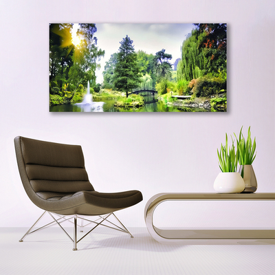 Tableaux sur verre acrylique Forêt chute d'eau soleil nature vert jaune blanc