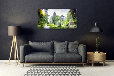 Tableaux sur verre acrylique Forêt chute d'eau soleil nature vert jaune blanc