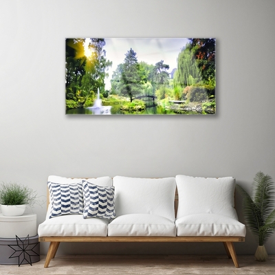 Tableaux sur verre acrylique Forêt chute d'eau soleil nature vert jaune blanc