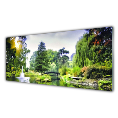 Tableaux sur verre acrylique Forêt chute d'eau soleil nature vert jaune blanc