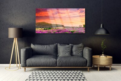 Tableaux sur verre acrylique Prairie fleurs paysage violet vert rose
