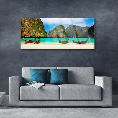 Tableaux sur verre acrylique Plage mer montagnes paysage vert gris bleu