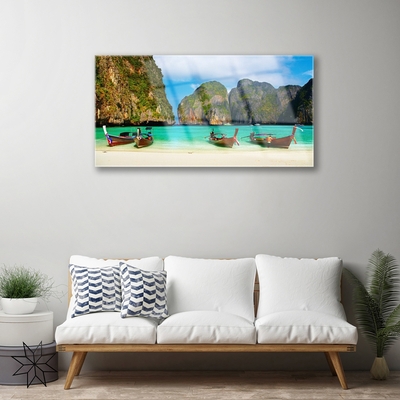 Tableaux sur verre acrylique Plage mer montagnes paysage vert gris bleu