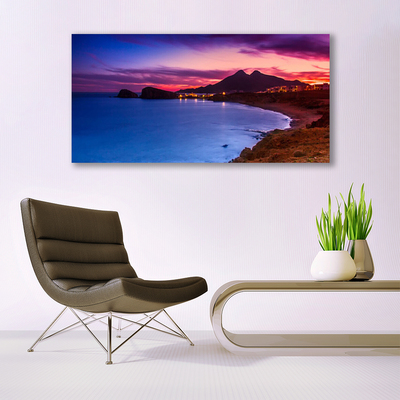 Tableaux sur verre acrylique Mer plage montagnes paysage bleu brun violet rose