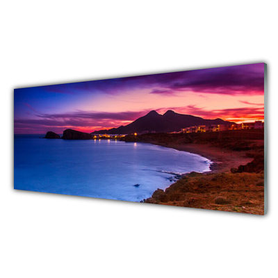 Tableaux sur verre acrylique Mer plage montagnes paysage bleu brun violet rose