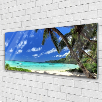 Tableaux sur verre acrylique Palmiers mer paysage bleu vert brun