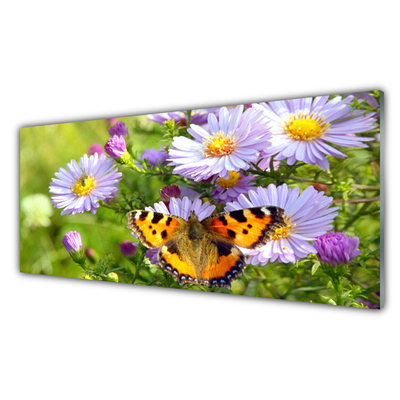 Tableaux sur verre acrylique Fleurs papillon nature orange violet jaune vert