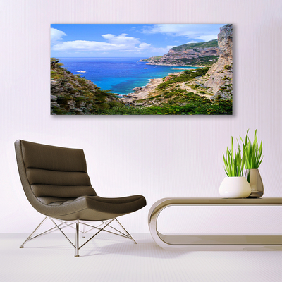 Tableaux sur verre acrylique Mer plage montagnes paysage bleu gris brun vert