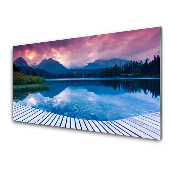 Tableaux sur verre acrylique Montagne lac paysage rose bleu vert