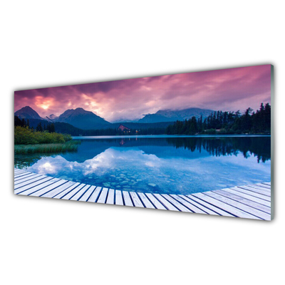 Tableaux sur verre acrylique Montagne lac paysage rose bleu vert
