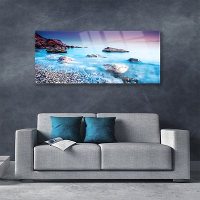 Tableaux sur verre acrylique Mer pierres plage paysage bleu gris rose