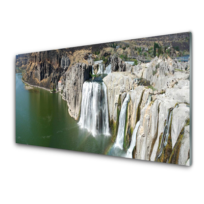Tableaux sur verre acrylique Montagnes chute d'eau lac paysage gris vert