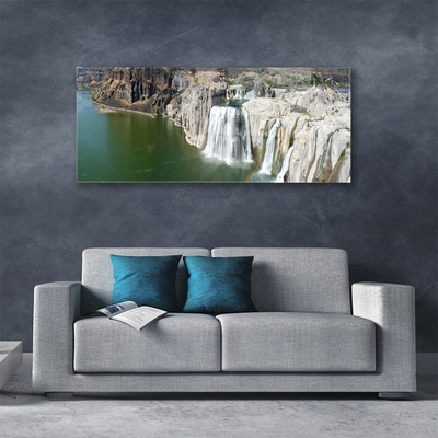 Tableaux sur verre acrylique Montagnes chute d'eau lac paysage gris vert