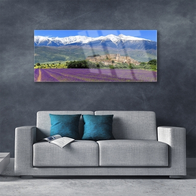 Tableaux sur verre acrylique Prairie fleurs montagnes paysage violet vert bleu blanc