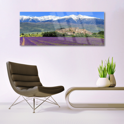 Tableaux sur verre acrylique Prairie fleurs montagnes paysage violet vert bleu blanc