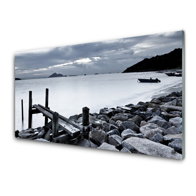 Tableaux sur verre acrylique Pierres de plage sur la mer paysage gris