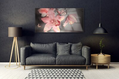 Tableaux sur verre acrylique Fleurs papillon floral rose gris