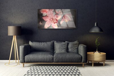 Tableaux sur verre acrylique Fleurs papillon floral rose gris