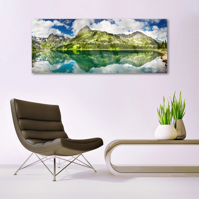 Tableaux sur verre acrylique Montagne lac paysage vert gris bleu