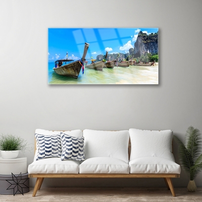 Tableaux sur verre acrylique Bateaux mer plage paysage bleu gris