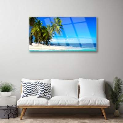 Tableaux sur verre acrylique Palmiers plage mer paysage blanc vert bleu