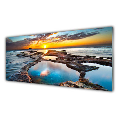 Tableaux sur verre acrylique Mer soleil paysage bleu gris jaune